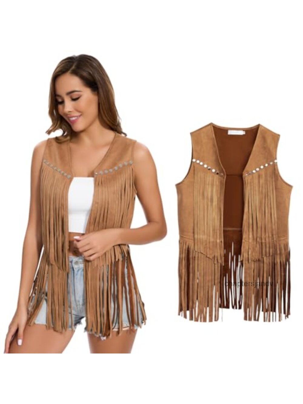 Fringe Vest 60s 70s Hippie Cowgirl Western Faux Suede Tassel Sleeveless